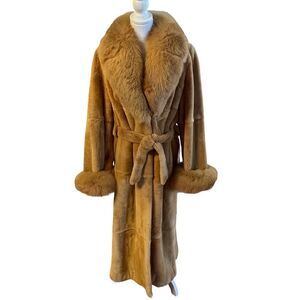 Whiskey Dyed Rex Rabbit Fur Coat With Belt Fox Fur Collar and Cuffs Size L